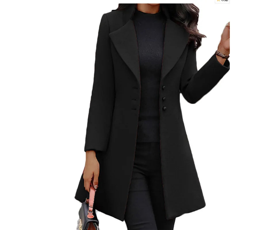 2025 Autumn Winter New Woolen Coat Women Yellow Black Stand Collar Single-breasted Outer Wear Korean Style Slim Jacket Plus Size