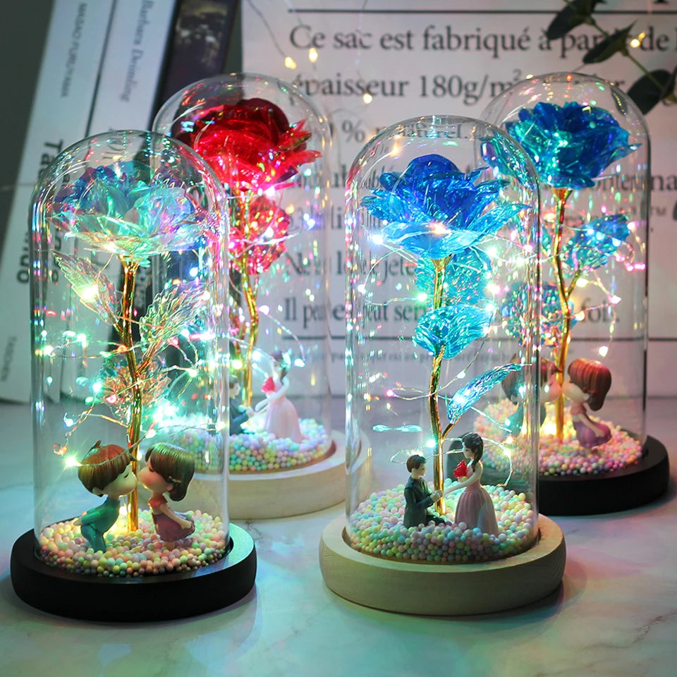 Hot LED Enchanted Galaxy Rose Eternal Beauty And The Beast Rose With Fairy Lights In Dome For Christmas Valentine's Day Gift