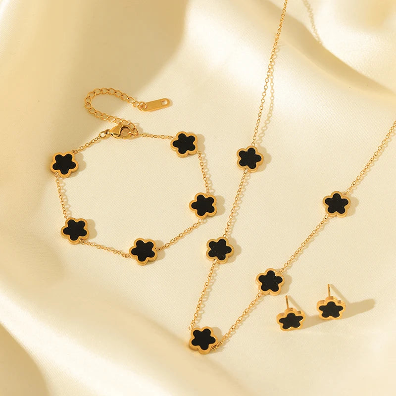 GANEMLY 316L Stainless Steel Black Plum Flower Five Leaf Clover Necklace Bracelet Earrings Jewelry Set For Women Birthday Gift