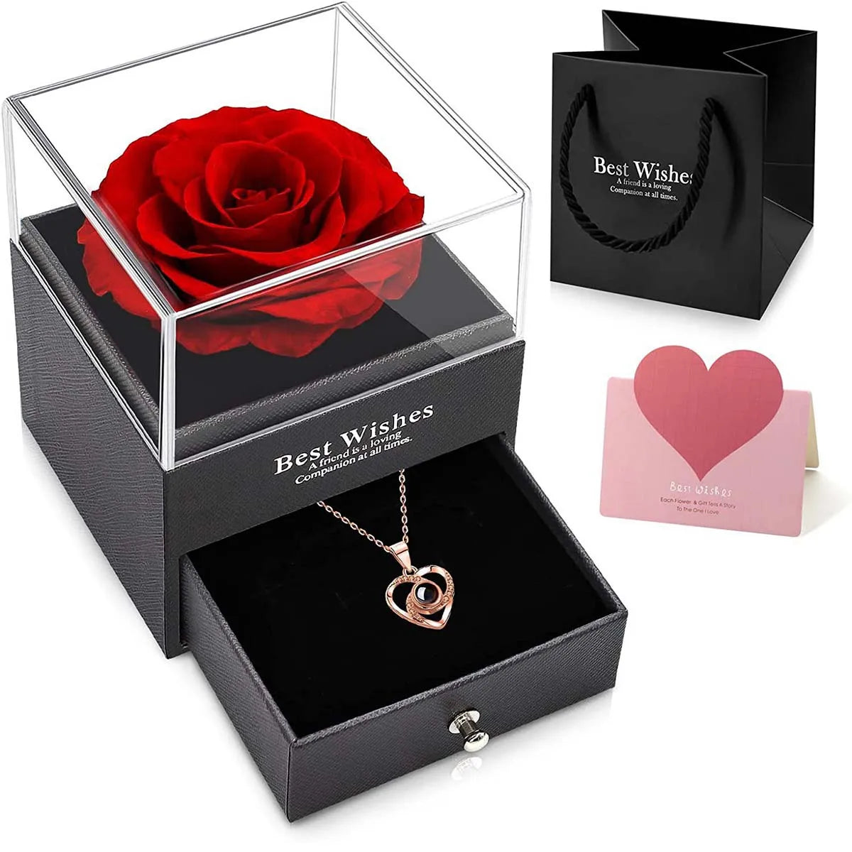 Eternal Love Hollow Zircon Necklace & Artificial Flower Set – Perfect Mother’s Day Gift in Luxury Jewelry Box