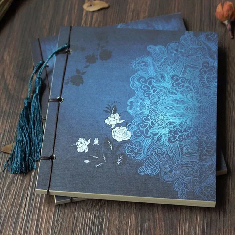 Chinese Style Blue Rose Color Diary Note Book Tassel Stationery Retro Flower Sketchbook Journal Empty Notebook Chinoiserie