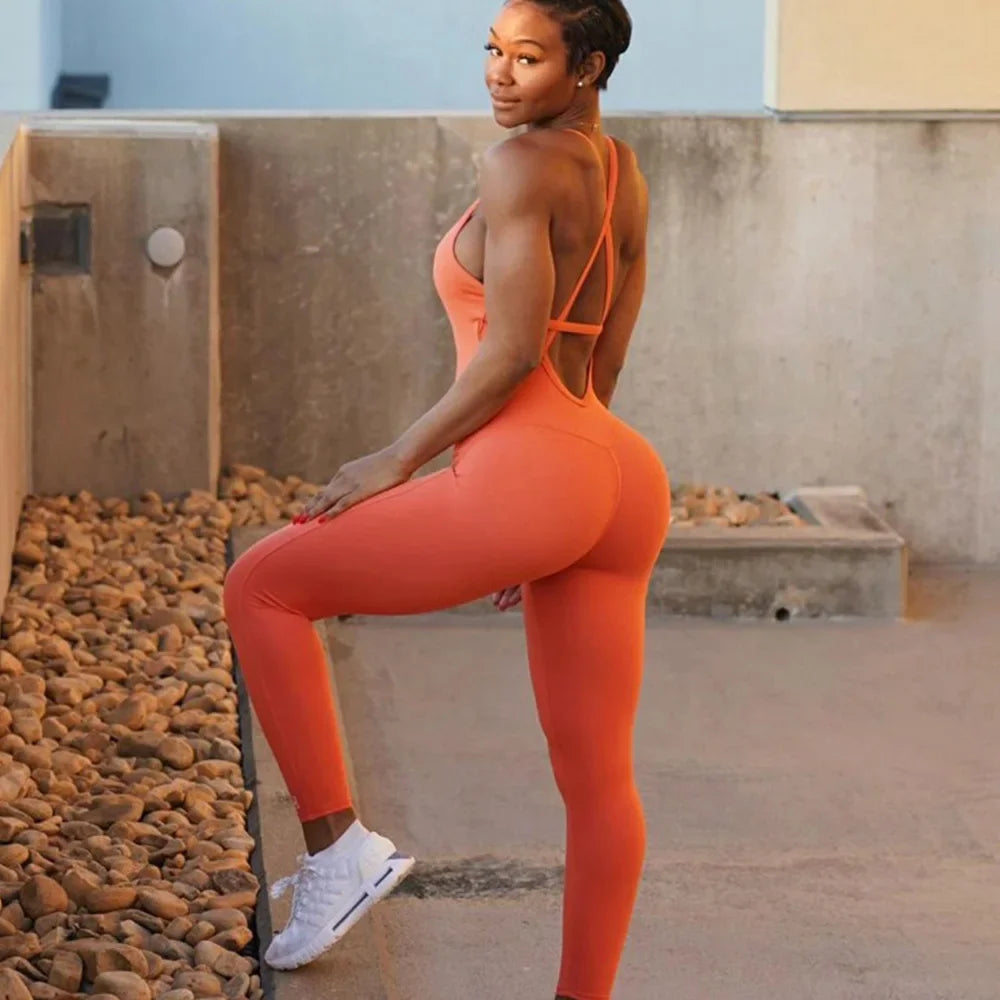Seamless Yoga Jumpsuits Sports Fitness Backless Hip-lifting Running Jumpsuits Training Dance Dress Gym Workout Clothes for Women