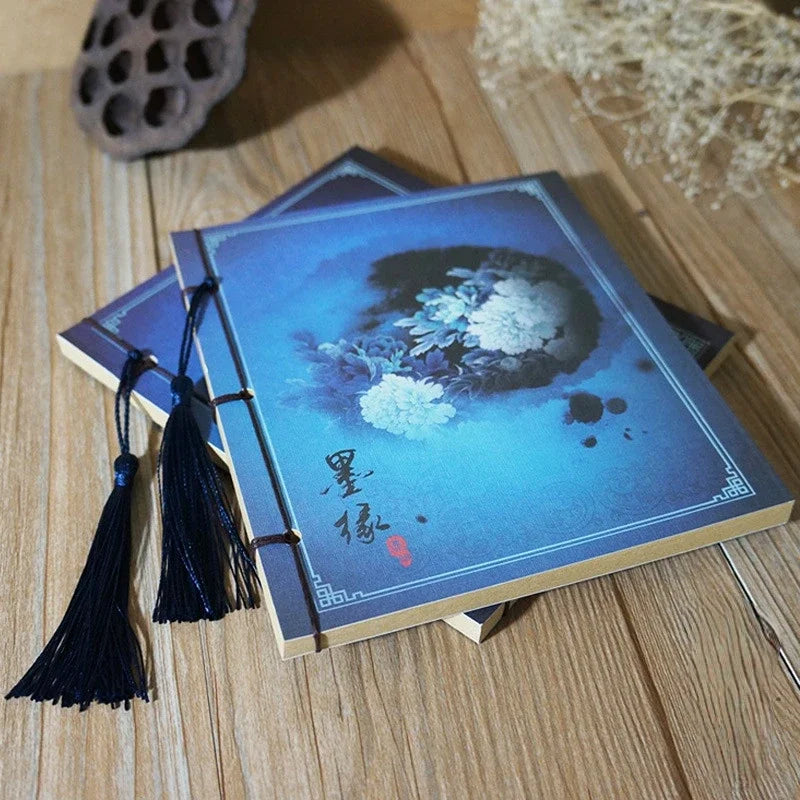 Chinese Style Blue Rose Color Diary Note Book Tassel Stationery Retro Flower Sketchbook Journal Empty Notebook Chinoiserie