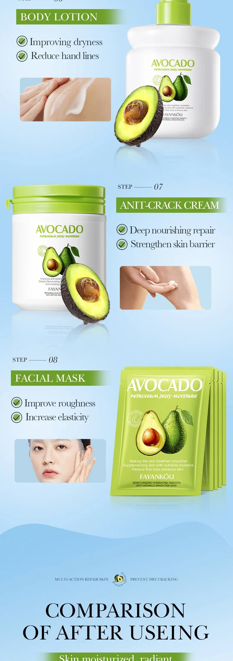 Avocado Skin Care Set Replenish your skin with nutrients Nourish your skin to reduce fine lines Hydrate and moisturize your skin