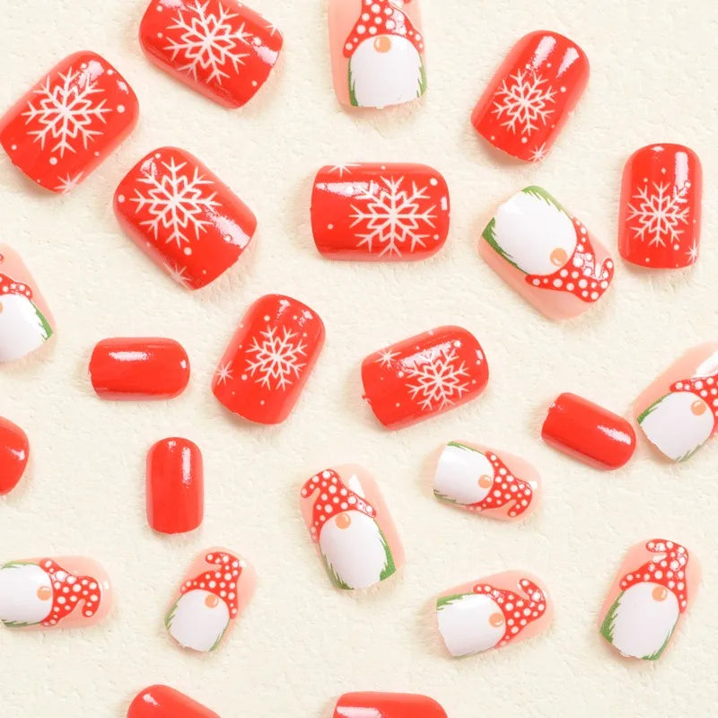 24 Pcs Christmas Adhesive False Nails – Cute Cartoon Santa Claus and Snowflake Design, Winter Aesthetic Press-On Nail Tips for Women