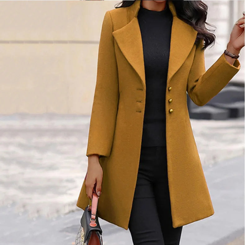 2025 Autumn Winter New Woolen Coat Women Yellow Black Stand Collar Single-breasted Outer Wear Korean Style Slim Jacket Plus Size