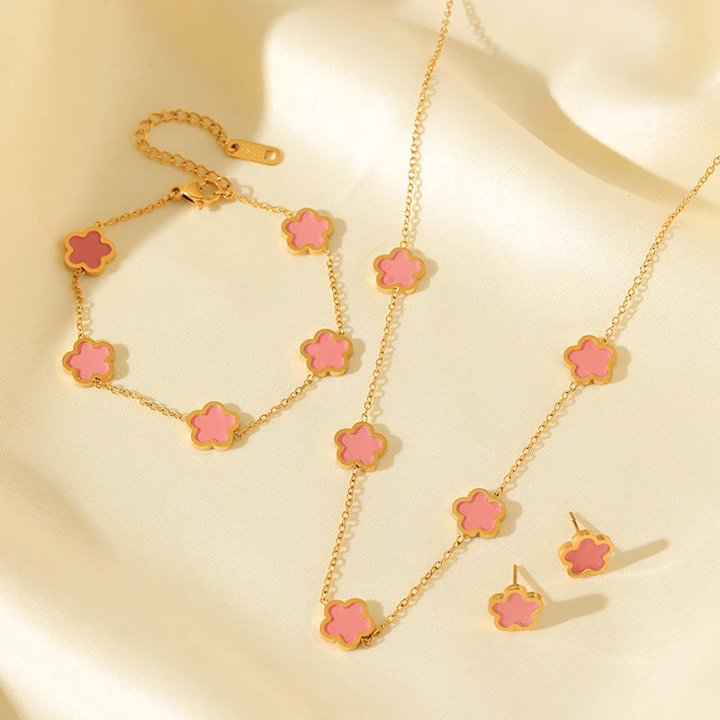 GANEMLY 316L Stainless Steel Black Plum Flower Five Leaf Clover Necklace Bracelet Earrings Jewelry Set For Women Birthday Gift