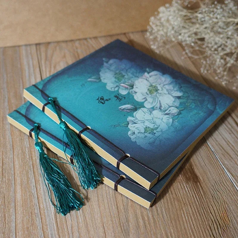 Chinese Style Blue Rose Color Diary Note Book Tassel Stationery Retro Flower Sketchbook Journal Empty Notebook Chinoiserie