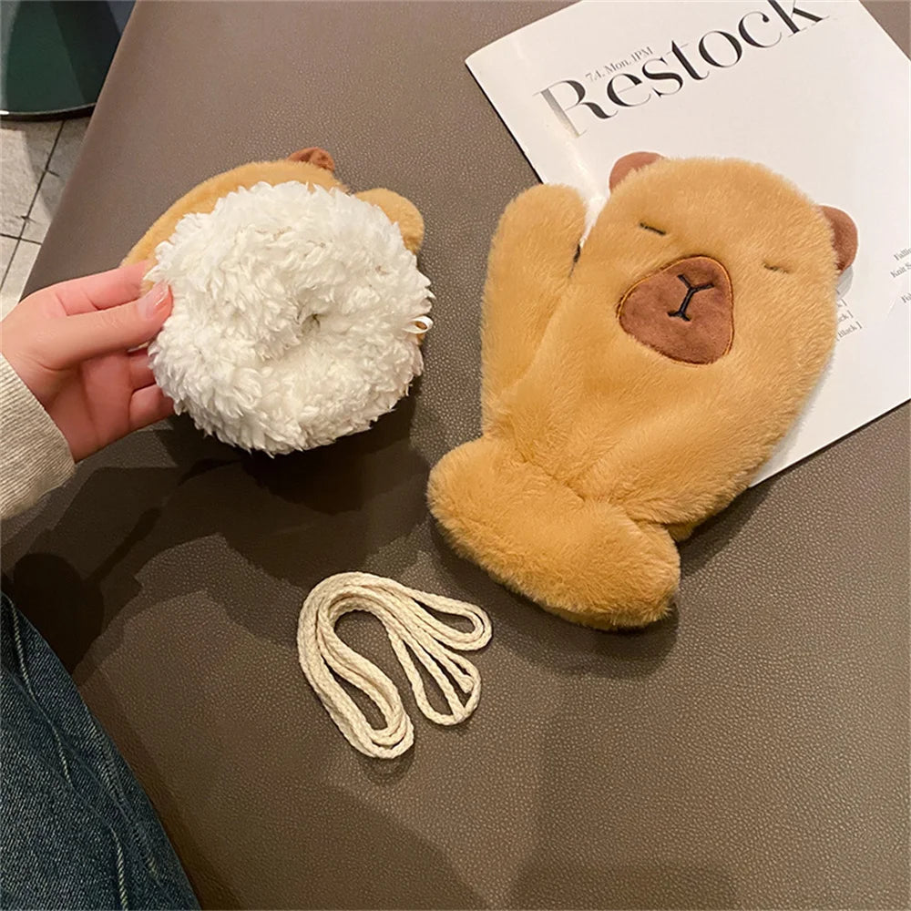 Women Girls Capybara Plush Gloves Fashion Cycling Neck Warmers Neck Scarf Windproof Mittens  Driving Running Accessories