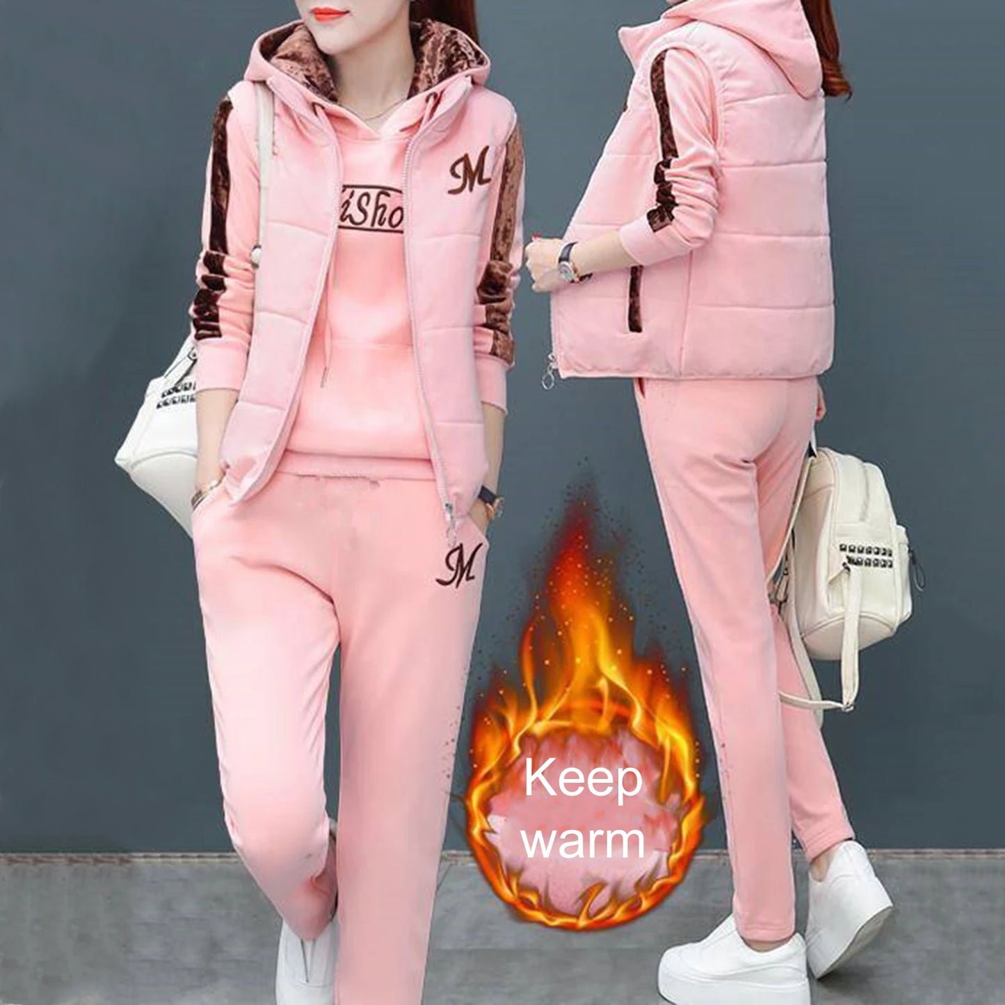 Fashionable 3-Piece Women's Outfit – 2025 Fall/Winter Thickened Tracksuit with Waistcoat, Hoodie, and Pants, Casual Sweat Suit for Women