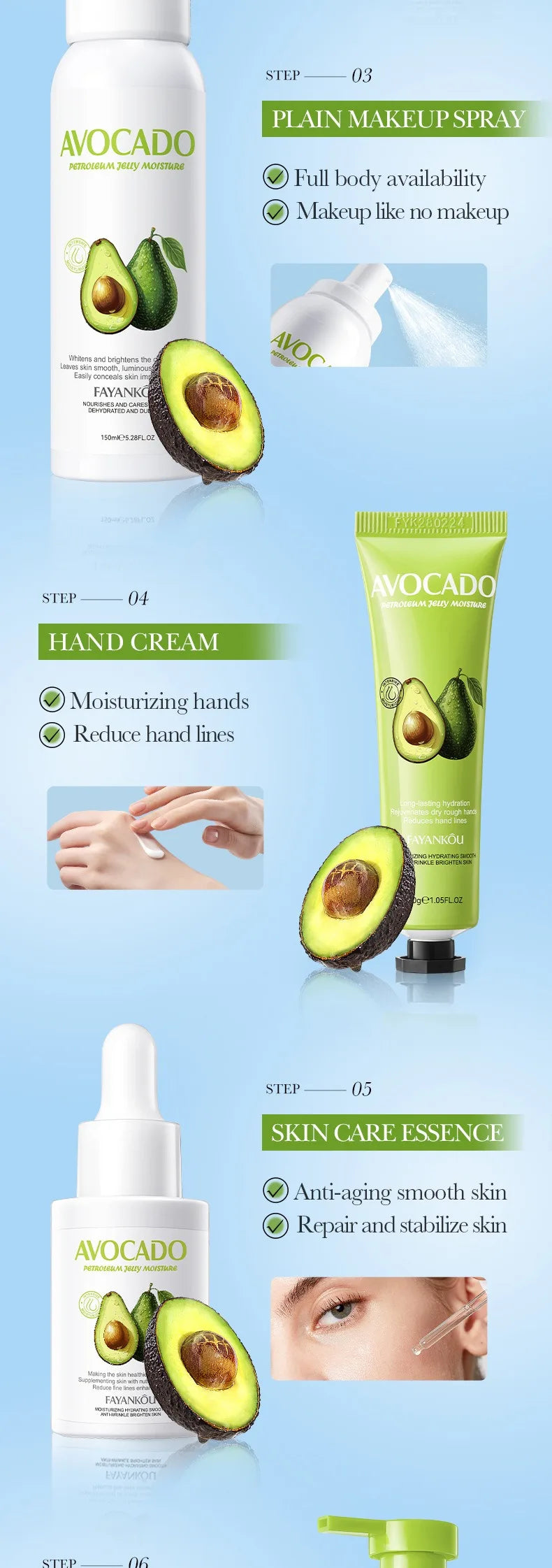 Avocado Skin Care Set Replenish your skin with nutrients Nourish your skin to reduce fine lines Hydrate and moisturize your skin