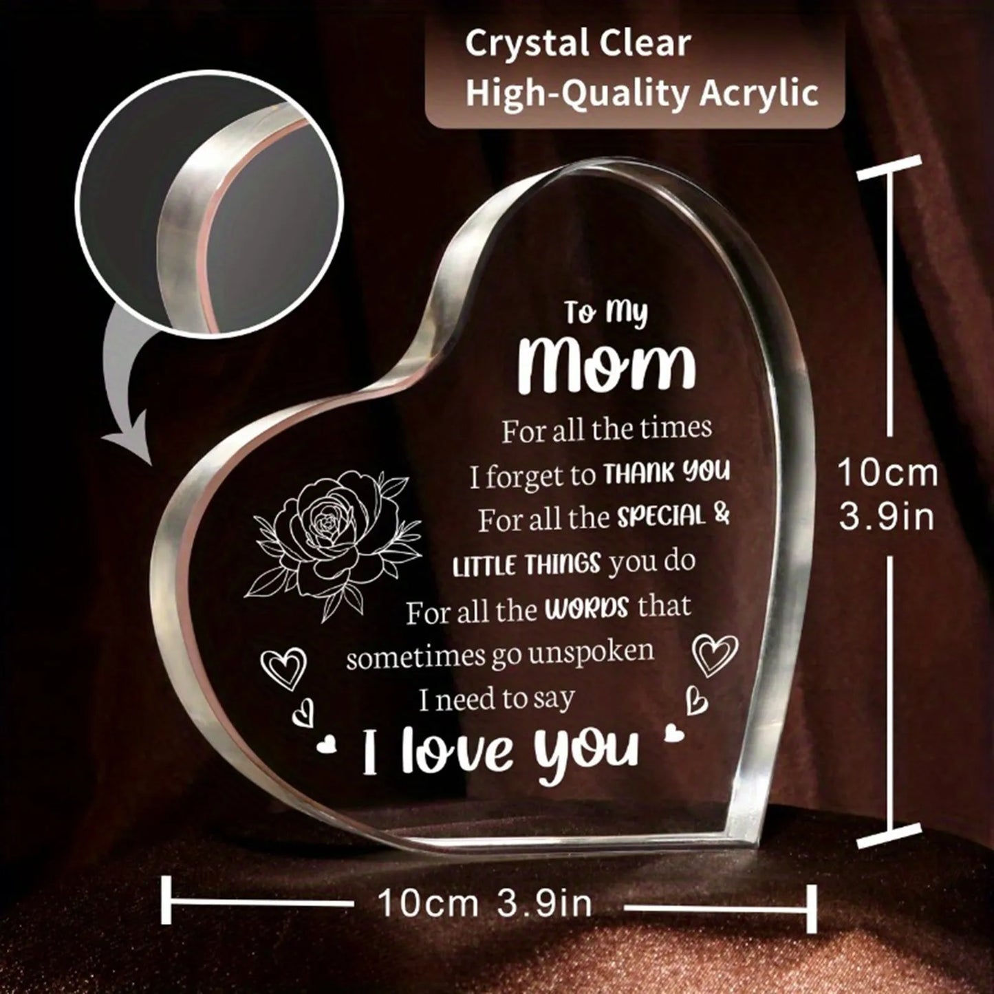 1PCS Mother's Day Gift Acrylic Sign Heart Plaque Personalized Gift For Mother Desktop Souvenir Decoration I Lover You Mom