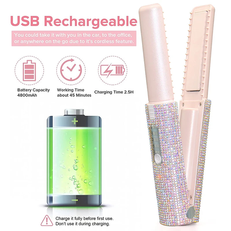 Portable Hair Straightener with Rhinestones – Stylish and Compact, Perfect for On-the-Go Hair Styling