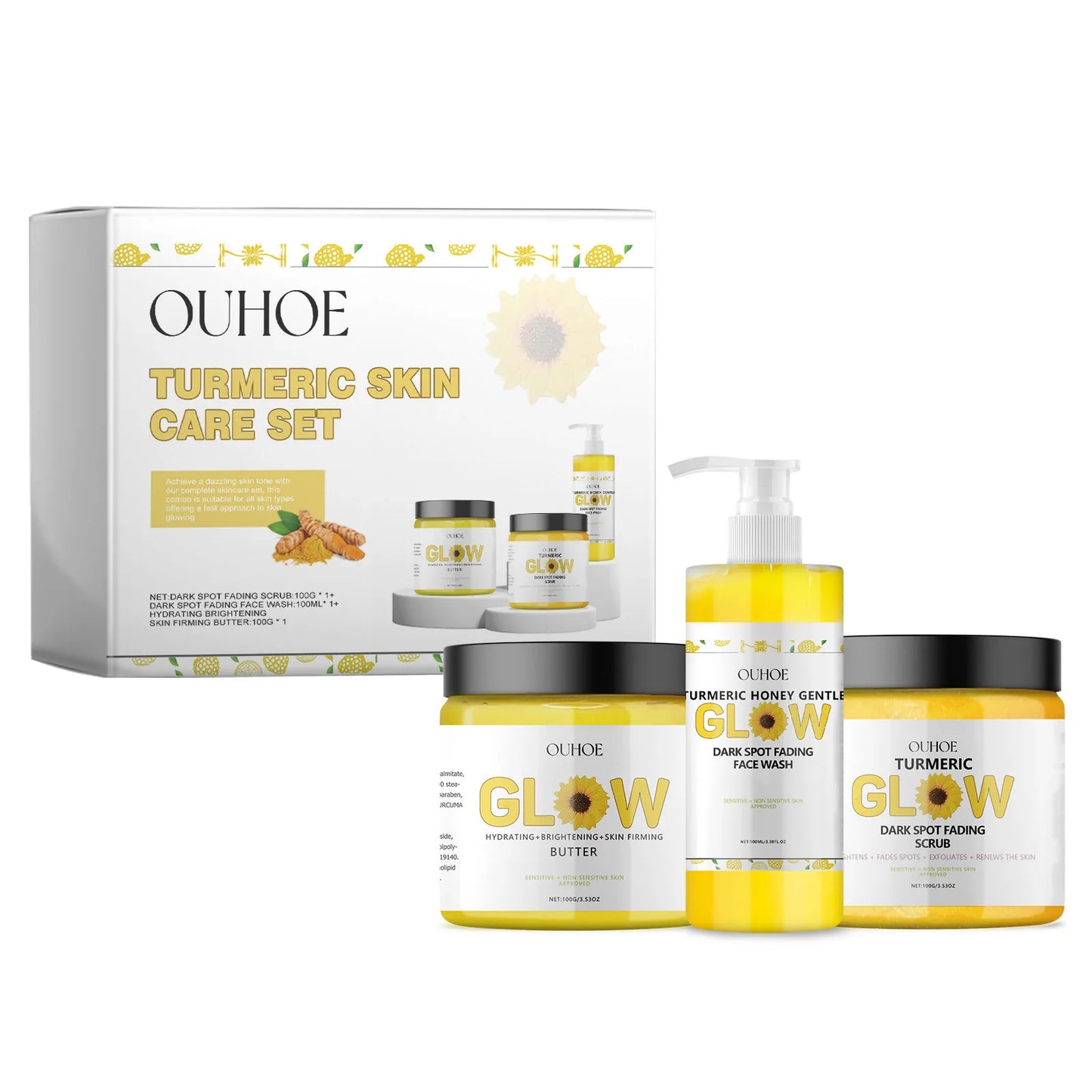 Ouhoe 1set Turmeric Face Skin Care Set Clean Skin Exfoliating Cream Hydrate Oil Control Dark Spots Remove Glowing Skin Care Set