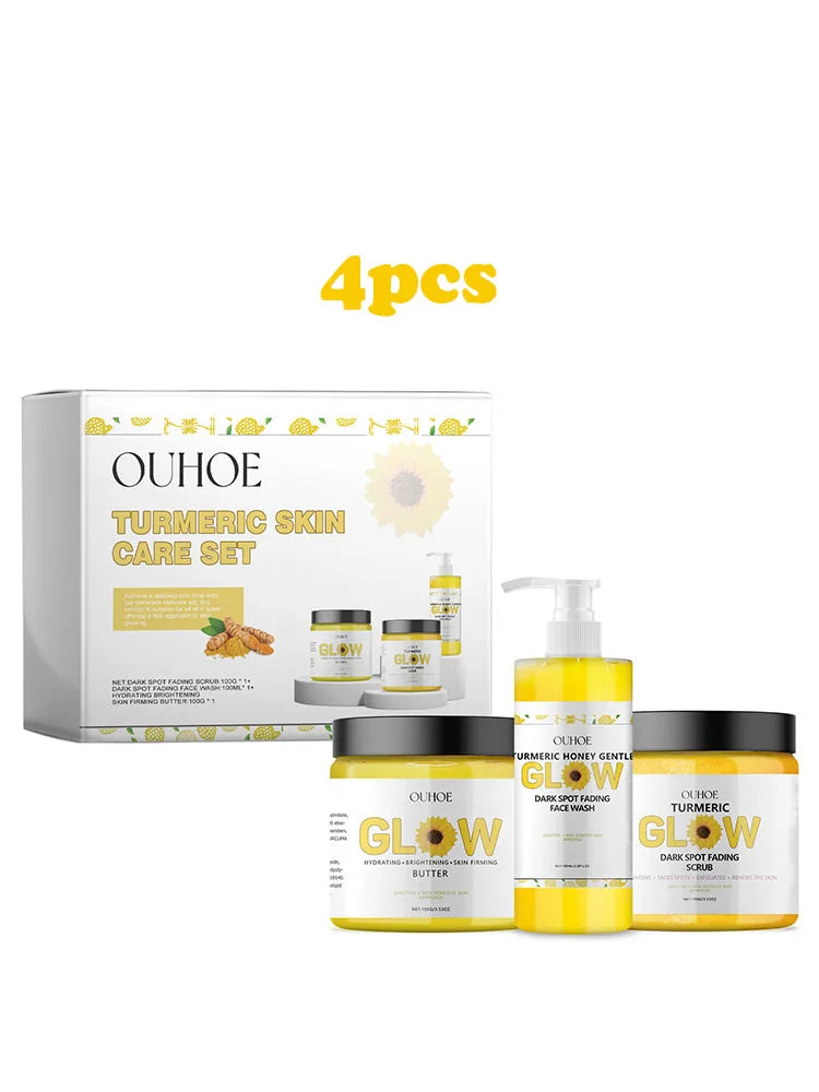 Ouhoe 1set Turmeric Face Skin Care Set Clean Skin Exfoliating Cream Hydrate Oil Control Dark Spots Remove Glowing Skin Care Set