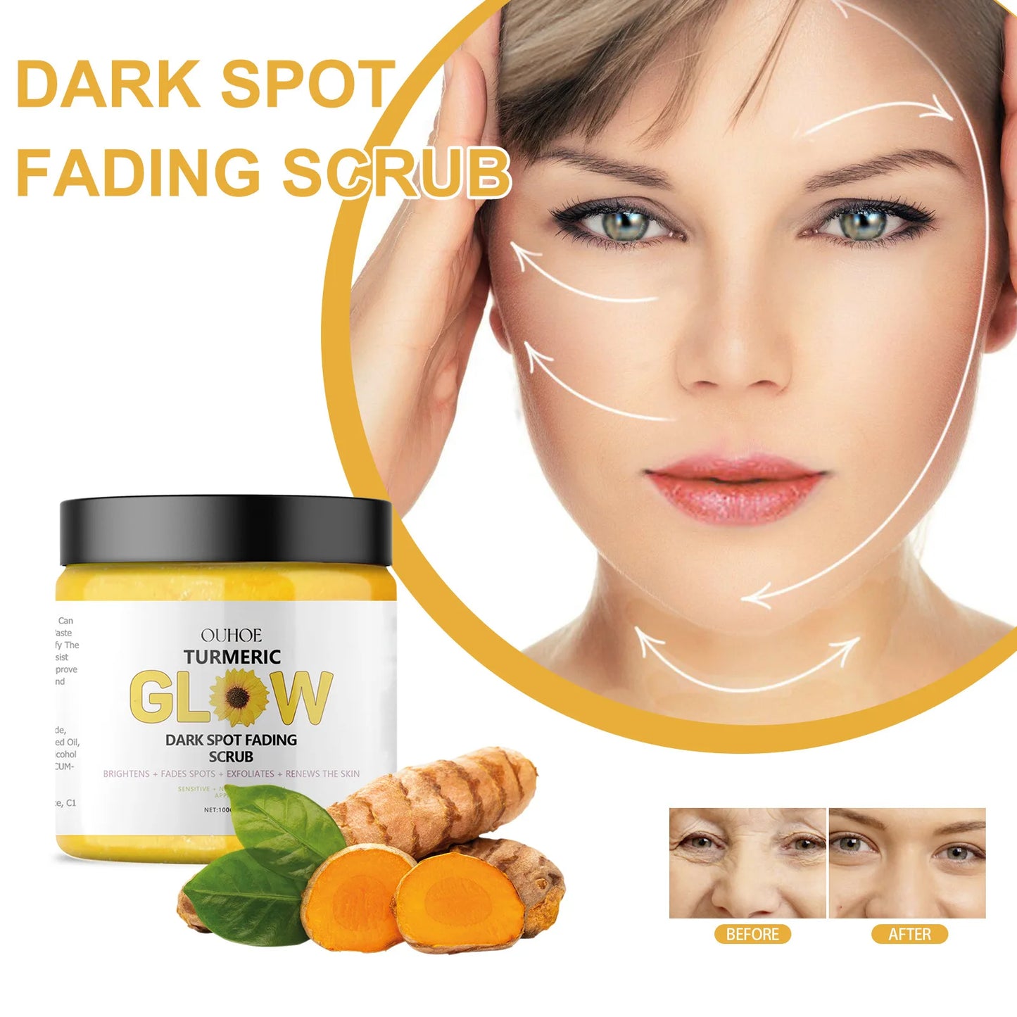 Ouhoe 1set Turmeric Face Skin Care Set Clean Skin Exfoliating Cream Hydrate Oil Control Dark Spots Remove Glowing Skin Care Set