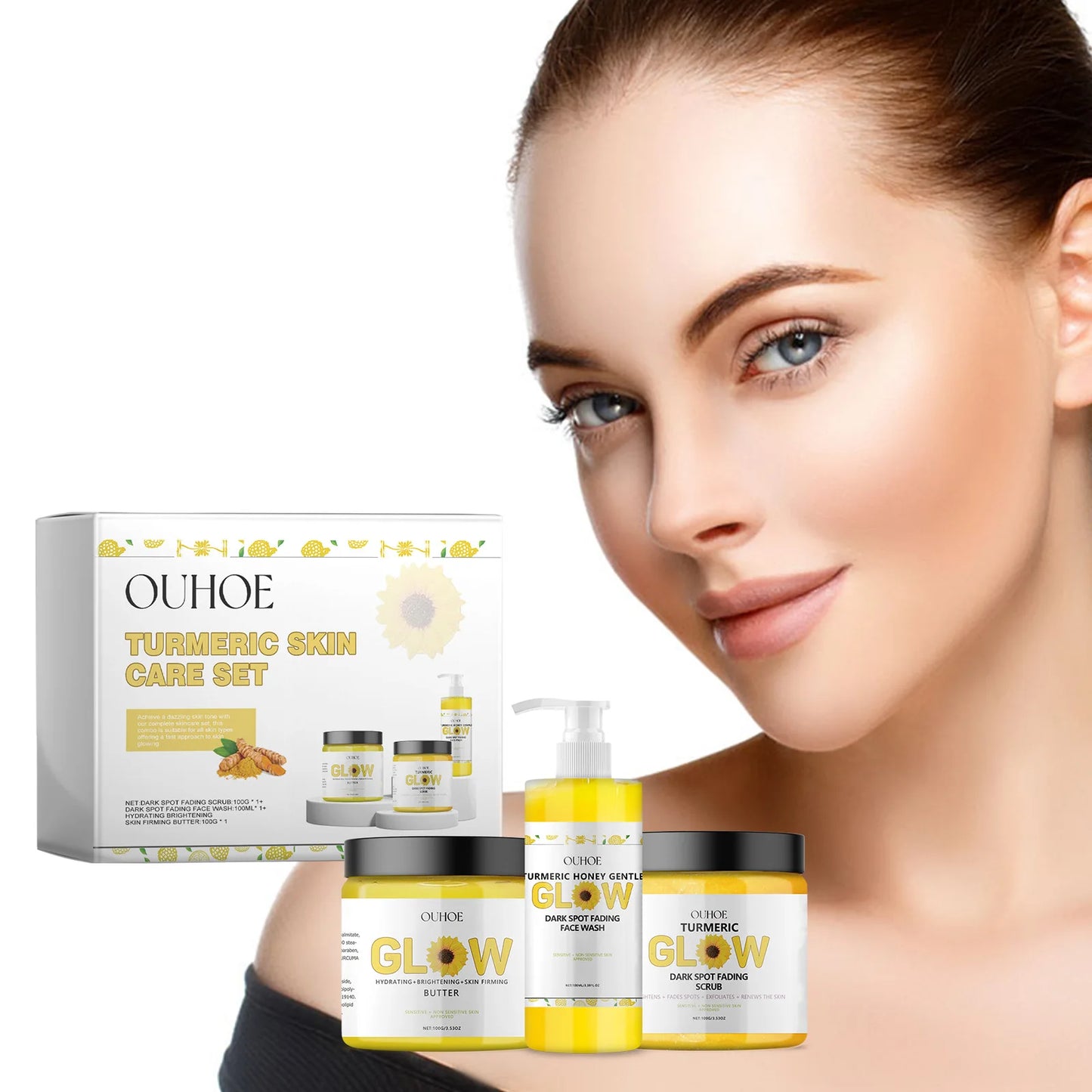 Ouhoe 1set Turmeric Face Skin Care Set Clean Skin Exfoliating Cream Hydrate Oil Control Dark Spots Remove Glowing Skin Care Set