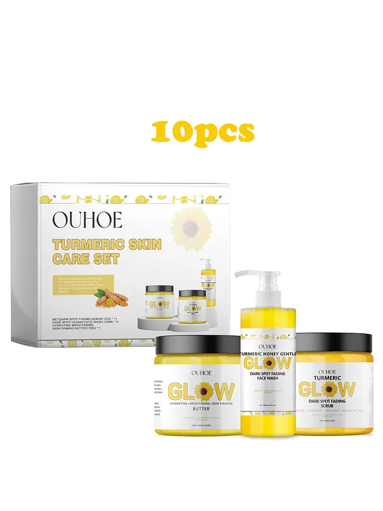 Ouhoe 1set Turmeric Face Skin Care Set Clean Skin Exfoliating Cream Hydrate Oil Control Dark Spots Remove Glowing Skin Care Set