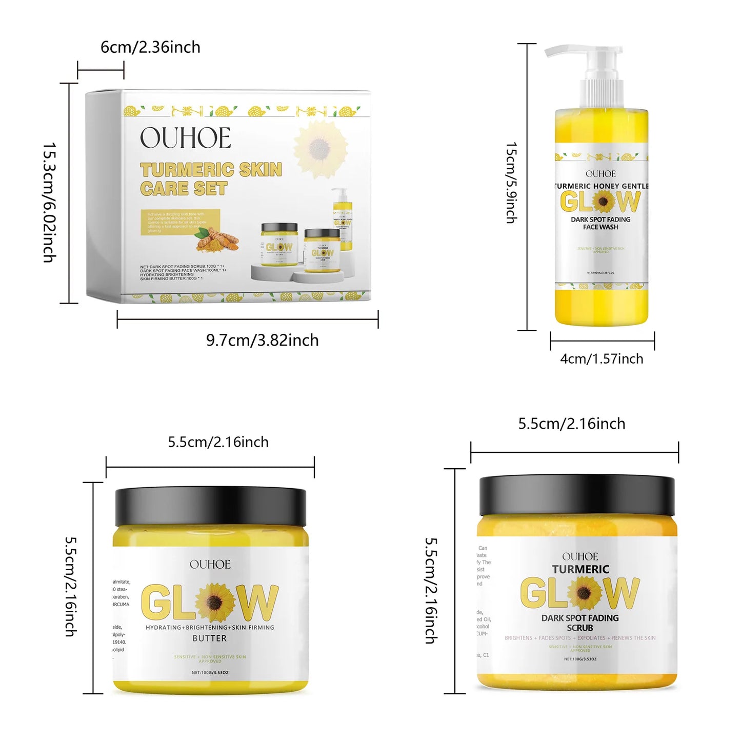 Ouhoe 1set Turmeric Face Skin Care Set Clean Skin Exfoliating Cream Hydrate Oil Control Dark Spots Remove Glowing Skin Care Set