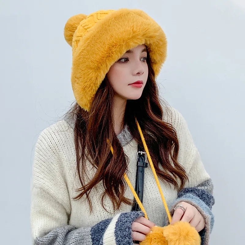 Thickened Fur Ball Hat – New Style Ladies' Plus Velvet Warm Hood, Fashionable and Cute Woolen Beanie for Autumn & Winter, Cold-Proof Outdoor Wear, Wholesale