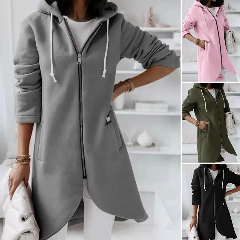 Women's Casual Winter Overcoat – Plus Size Hooded Coat with Pockets and Zipper, Elegant Outerwear Jacket for Cold Weather (Casco Feminino)