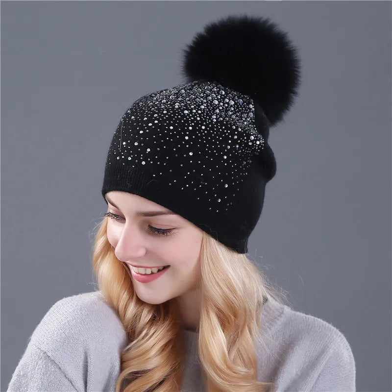 Women's Winter Beanie Hat – Soft Rabbit Fur Wool Knitted Hat with Mink Pom Pom and Shining Rhinestone Accents, Stylish and Warm