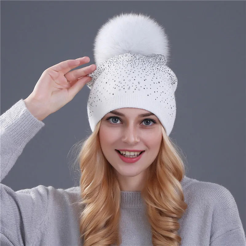 Women's Winter Beanie Hat – Soft Rabbit Fur Wool Knitted Hat with Mink Pom Pom and Shining Rhinestone Accents, Stylish and Warm