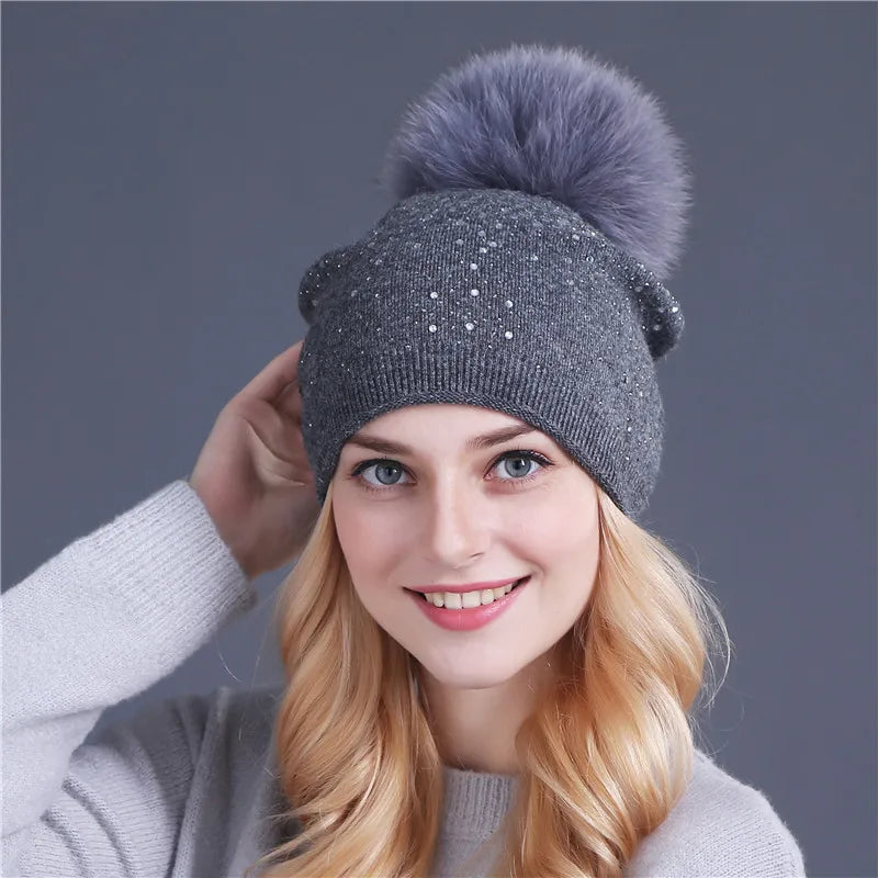 Women's Winter Beanie Hat – Soft Rabbit Fur Wool Knitted Hat with Mink Pom Pom and Shining Rhinestone Accents, Stylish and Warm