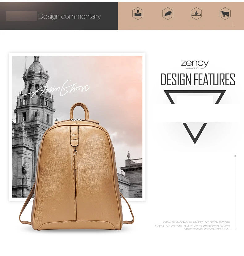 Zency Silver Hardware 100% Genuine Leather Women Stylish Backpack Apricot Yellow Beige Travel Back Pack Bag Laptop Knapsack New