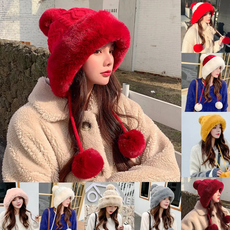 Thickened Fur Ball Hat – New Style Ladies' Plus Velvet Warm Hood, Fashionable and Cute Woolen Beanie for Autumn & Winter, Cold-Proof Outdoor Wear, Wholesale