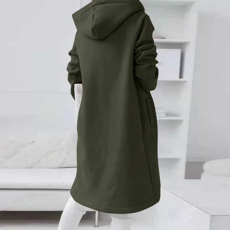 Women's Casual Winter Overcoat – Plus Size Hooded Coat with Pockets and Zipper, Elegant Outerwear Jacket for Cold Weather (Casco Feminino)