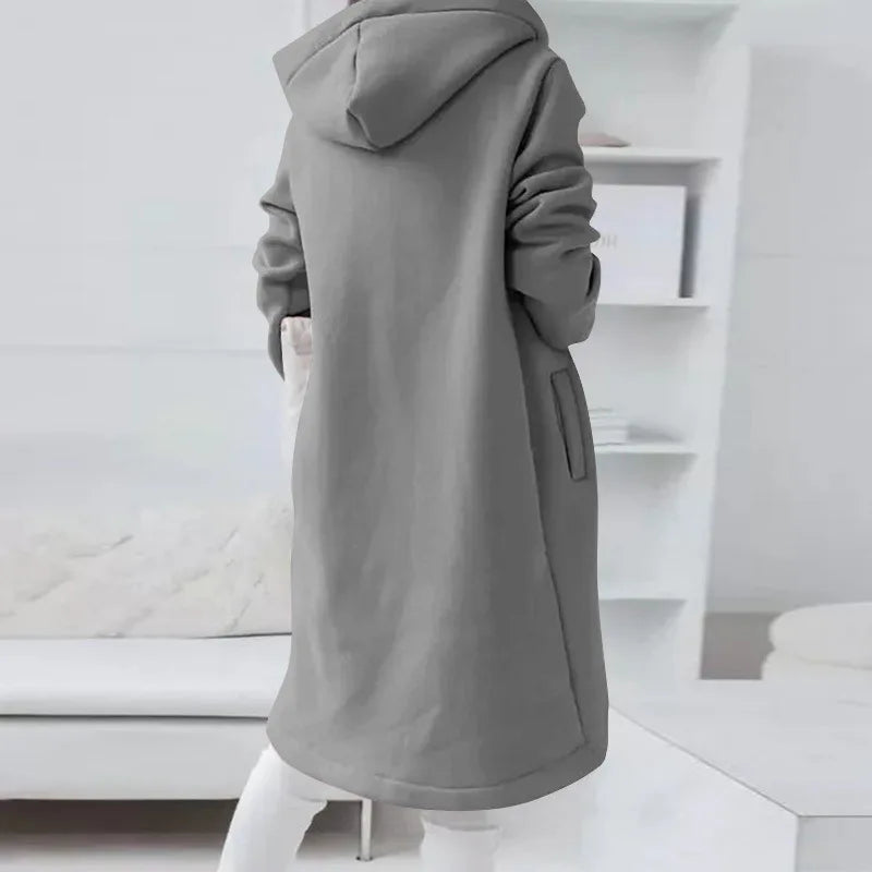 Women's Casual Winter Overcoat – Plus Size Hooded Coat with Pockets and Zipper, Elegant Outerwear Jacket for Cold Weather (Casco Feminino)