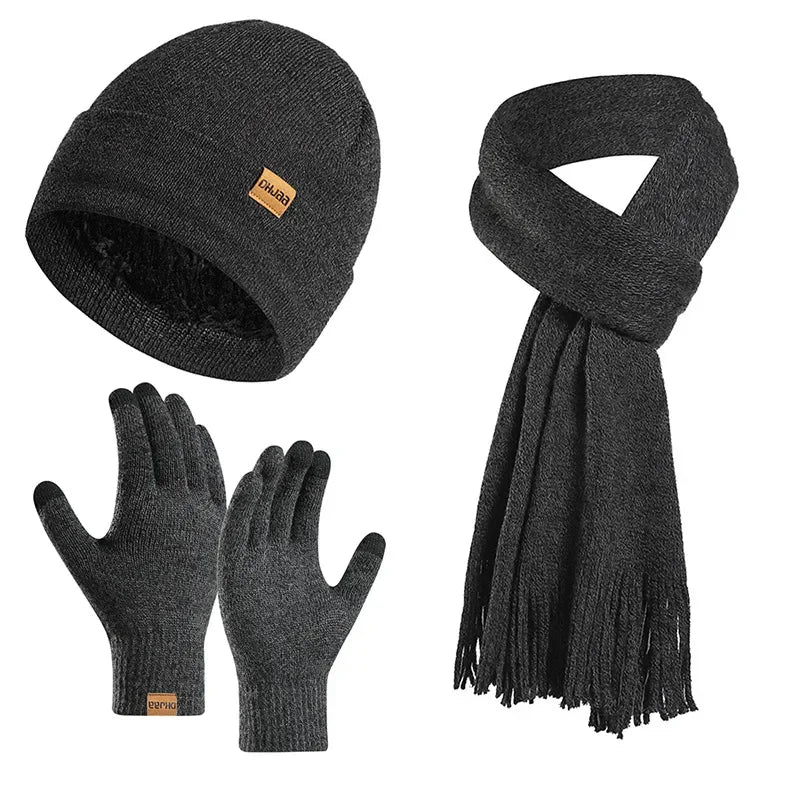 Fashion Plush Knitted Hat, Scarf, Gloves for Men and Women Winter Warm Woolen Yarn Three Piece Set Clothing Accessories Gift