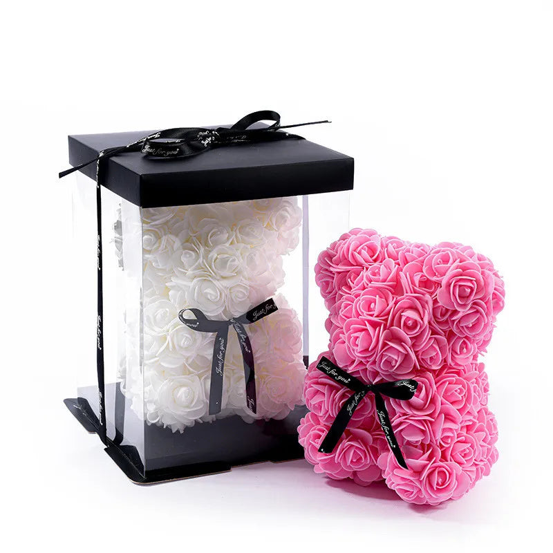 Rose Bear – 20cm Artificial Foam Flower Bear – Romantic Gift for Valentine’s Day, Anniversaries, Weddings, and Birthdays (With Gift Box)