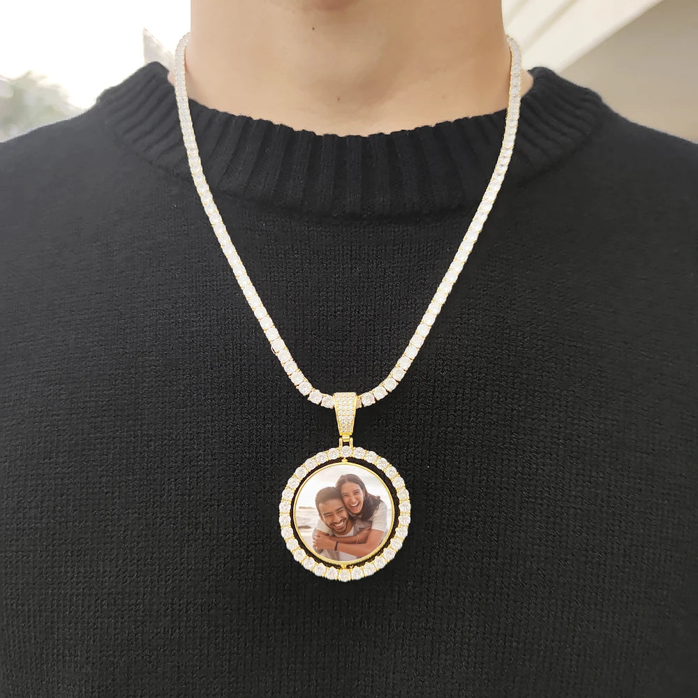 Custom Rotating Double Sides Photo Medallions Pendant Necklace Iced out Circle Photo Chain Pendant Couple Valentine's Day gift