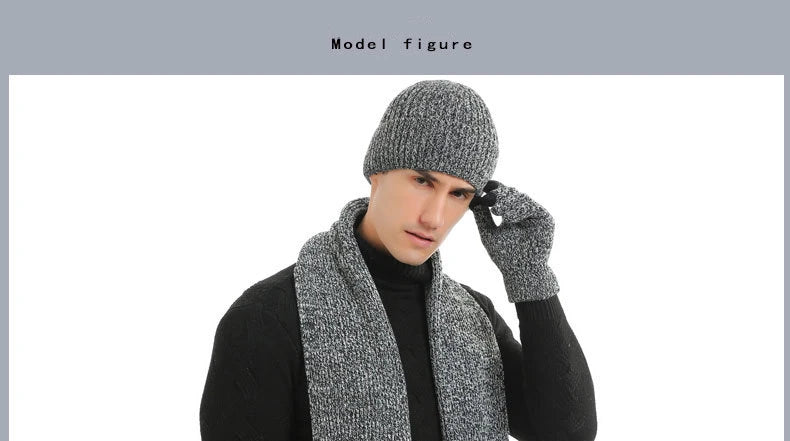 Men's Autumn Winter Keep Warm Set Beanie Gloves Scarf Male Woolen Yarn Knitted Muffler Spring Fall Hat Solid Color Neckerchief