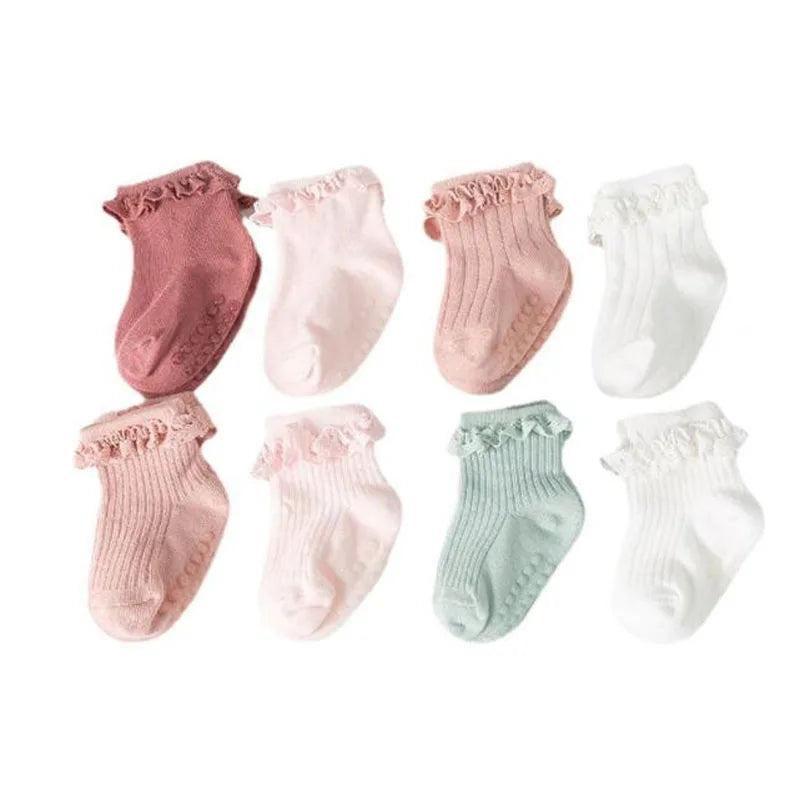 4 Pairs/Set New Baby Non-Slip Cotton Socks – Solid Color Autumn & Winter Footwear for Children"