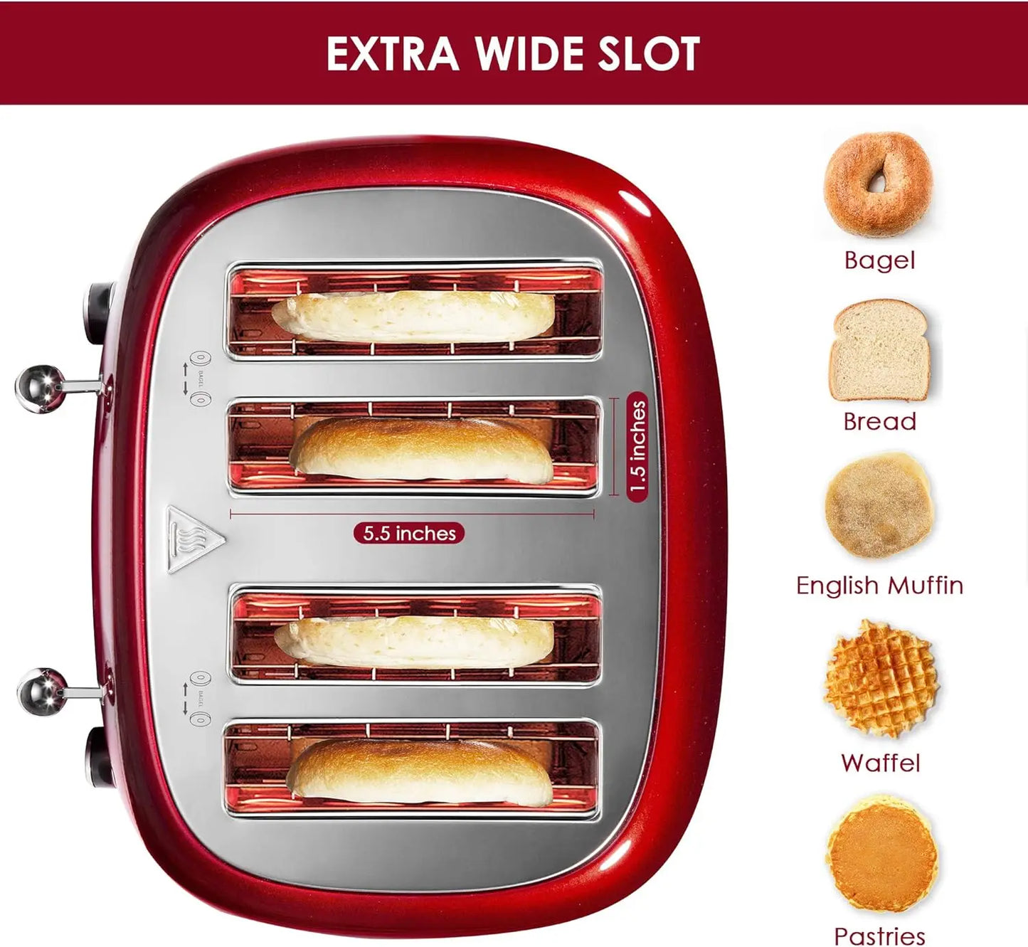 4 Slice Toaster Retro Stainless Steel Toasters with Bagel Defrost Cancel Function 6 Browning Settings Extre Wide Slot Red