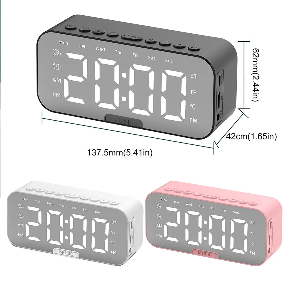 Bluetooth Speaker with LED Mirror Screen Digital Dual Alarm Clock with FM Radio Phone Holder Temperature For Bedroom Office