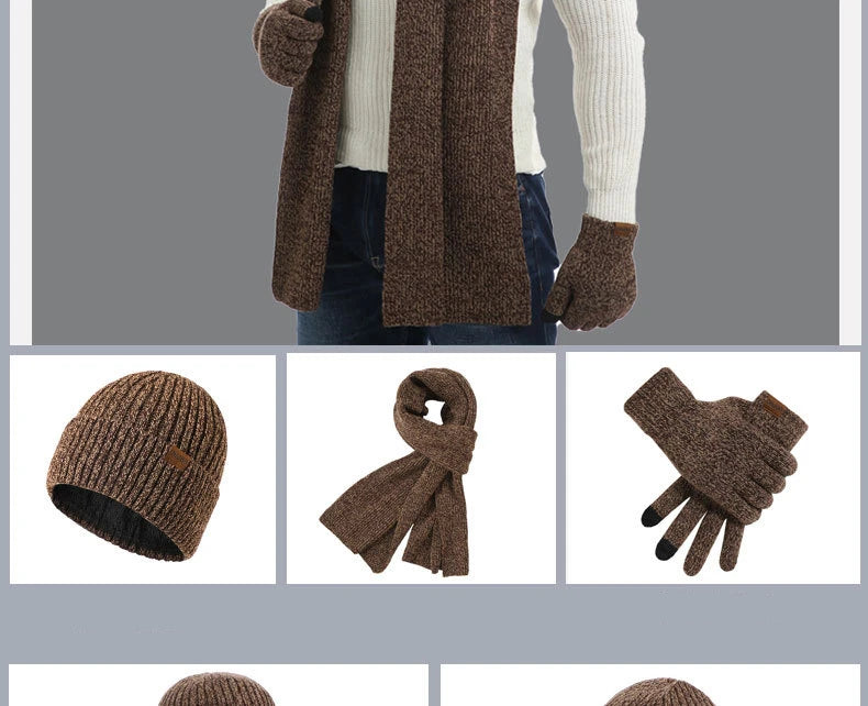 Men's Autumn Winter Keep Warm Set Beanie Gloves Scarf Male Woolen Yarn Knitted Muffler Spring Fall Hat Solid Color Neckerchief