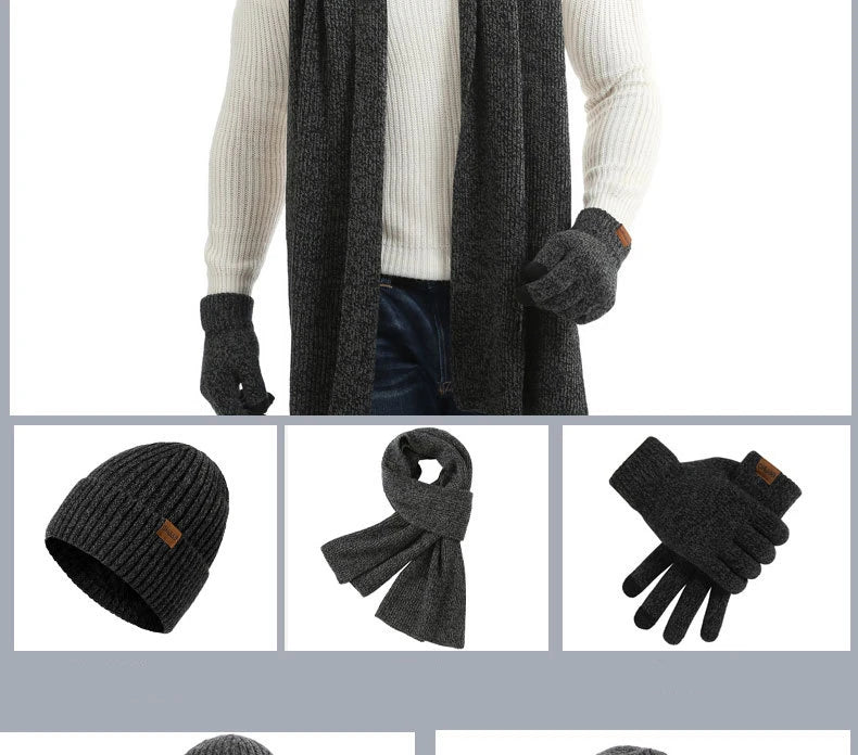 Men's Autumn Winter Keep Warm Set Beanie Gloves Scarf Male Woolen Yarn Knitted Muffler Spring Fall Hat Solid Color Neckerchief