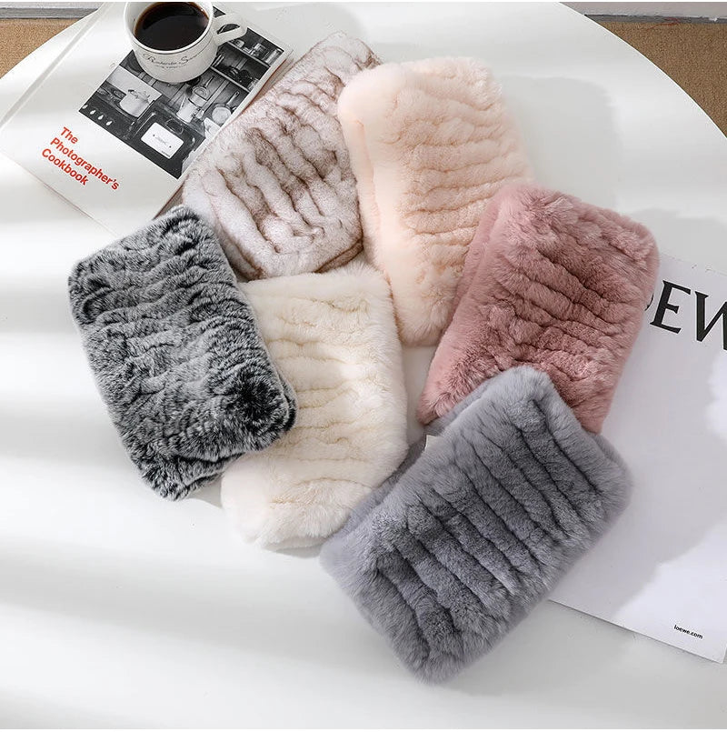 Hot Sale Brand Women Real Rex Rabbit Fur Scarf Girls Warm Soft Knitted Good Elastic Rabbit Fur Headband Natural Fur Ring Scarves