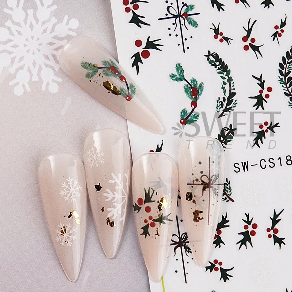 3D Christmas Snowman Nail Art Stickers – Snowflake and Green Leaves Self-Adhesive DIY Winter Decals for Festive Manicure Decoration