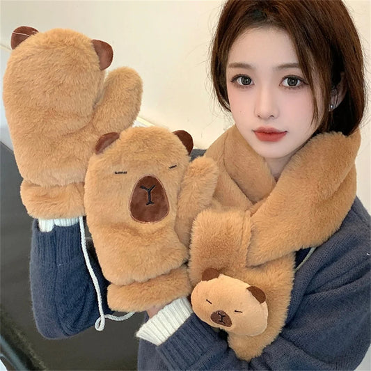 Women Girls Capybara Plush Gloves Fashion Cycling Neck Warmers Neck Scarf Windproof Mittens  Driving Running Accessories