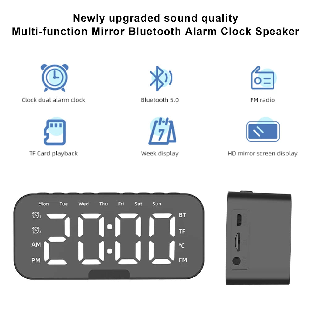 Bluetooth Speaker with LED Mirror Screen Digital Dual Alarm Clock with FM Radio Phone Holder Temperature For Bedroom Office