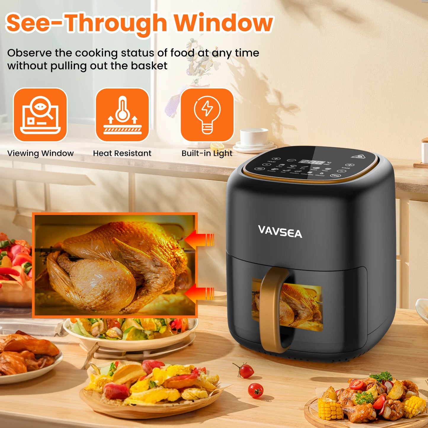 VAVSEA 10-in-1 Air Fryer with Clear Window, 1600W Hot Airfryer Oven with Digital LED Touch Screen, and Non-Stick Basket,6.5QT,