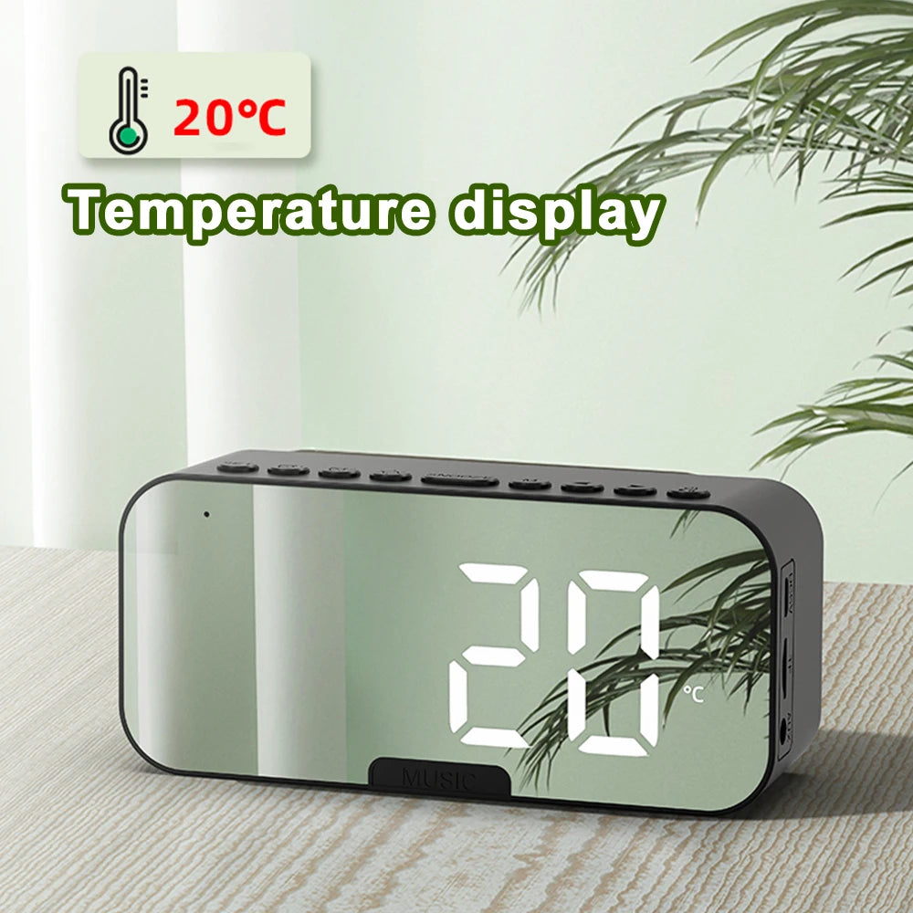 Bluetooth Speaker with LED Mirror Screen Digital Dual Alarm Clock with FM Radio Phone Holder Temperature For Bedroom Office