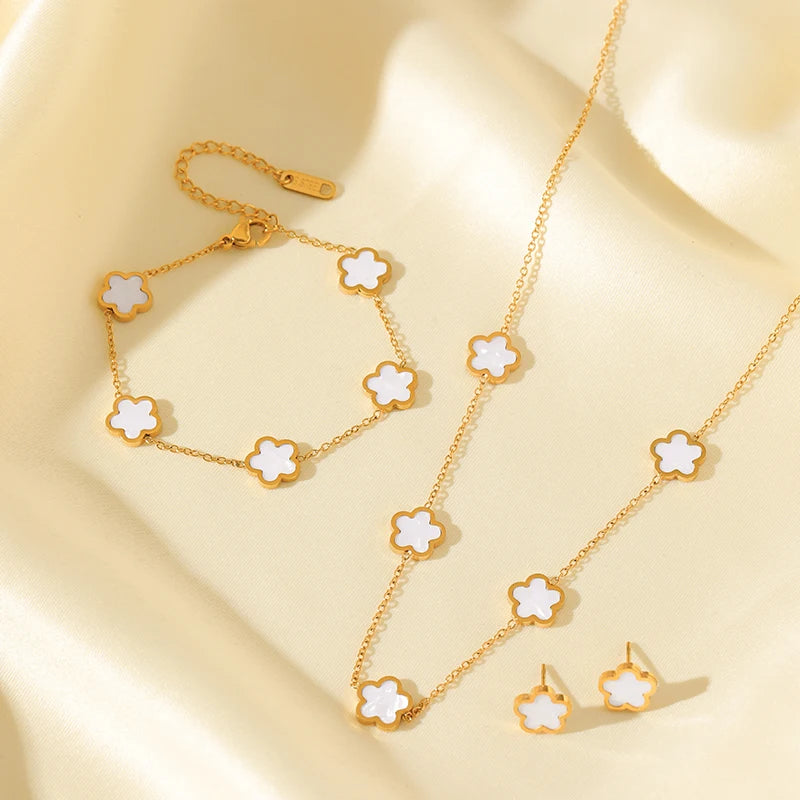 GANEMLY 316L Stainless Steel Black Plum Flower Five Leaf Clover Necklace Bracelet Earrings Jewelry Set For Women Birthday Gift