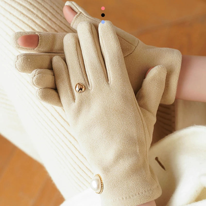 New Fashion Imitation Pearl Gloves for Women – Elegant Winter Touch Screen Gloves, Warm, Windproof, and Perfect for Riding and Daily Wear