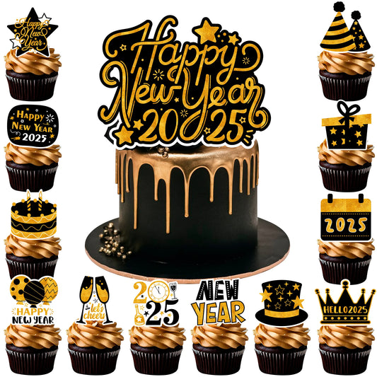 Happy New Year Cake Topper,13pcs Happy New Year 2025 Cupcake Toppers/2025 New Year's Cupcake Toppers&2025 Cake Topper